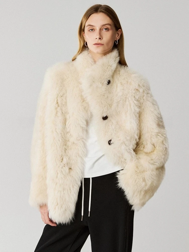 

High-end Luxury Toscana Lamb Fur Shearling Jacket for Women Simple Stand Collar Fluffy Warm Winter Genuine Leather Real Fur Coat
