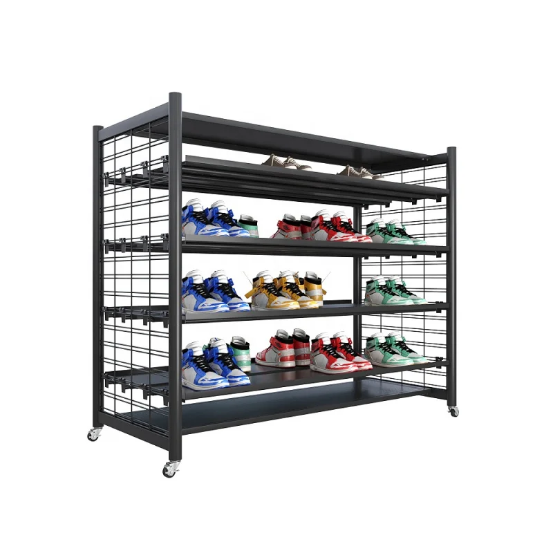 

custom.Mobile wheel custom multi used footwear store iron industrial shelves shoe display rack stand for shop storage