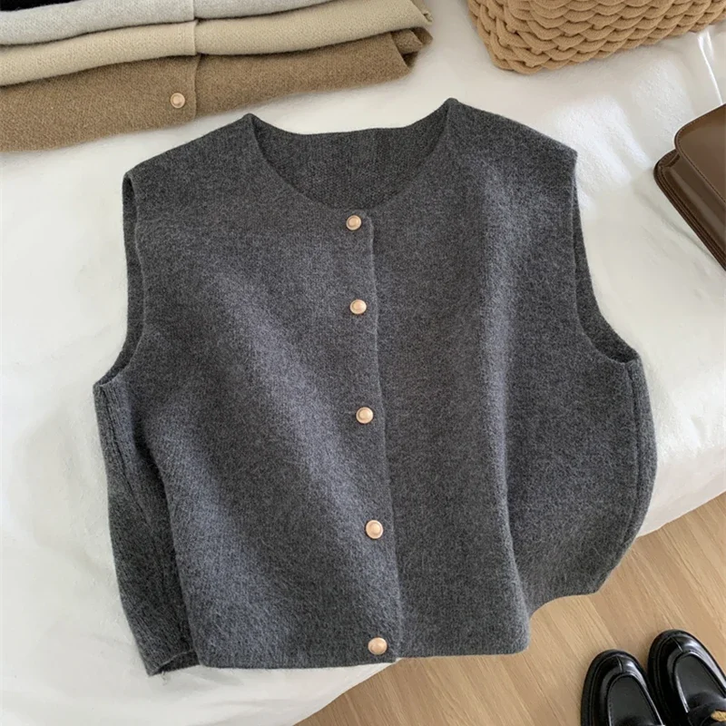 

Autumn New Knitted Cardigan Women Korean Elegant Sleeveless Sweater Tanks Casual Fashiona New Slim Female Tops Gray Vest