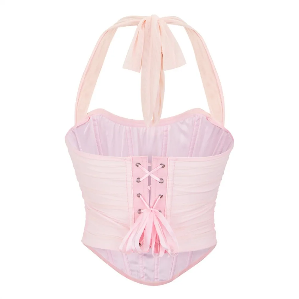 Solid Tie Shoulder Ruched Wide Strap Slim Fit Crop Top for Women Summer Clothes Pink Backless Cami Top Streetwear  Corset Tops