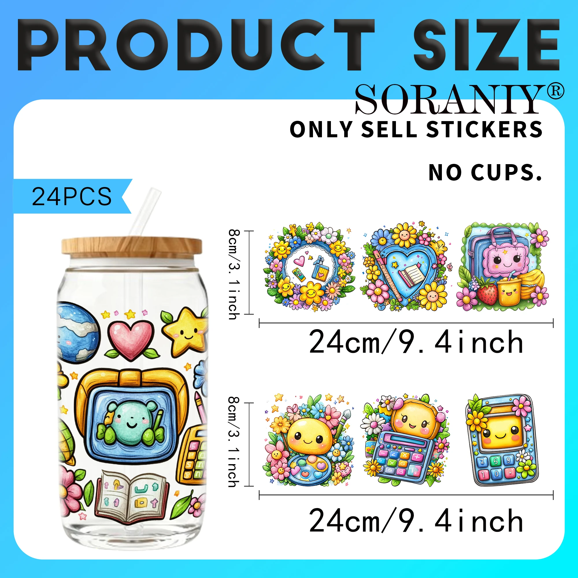 24PCS/Set Back To School Frames  Themed UV DTF 16OZ DIY Transfer Paper Set Golden Text Used For 16oz Water Bottles Glass