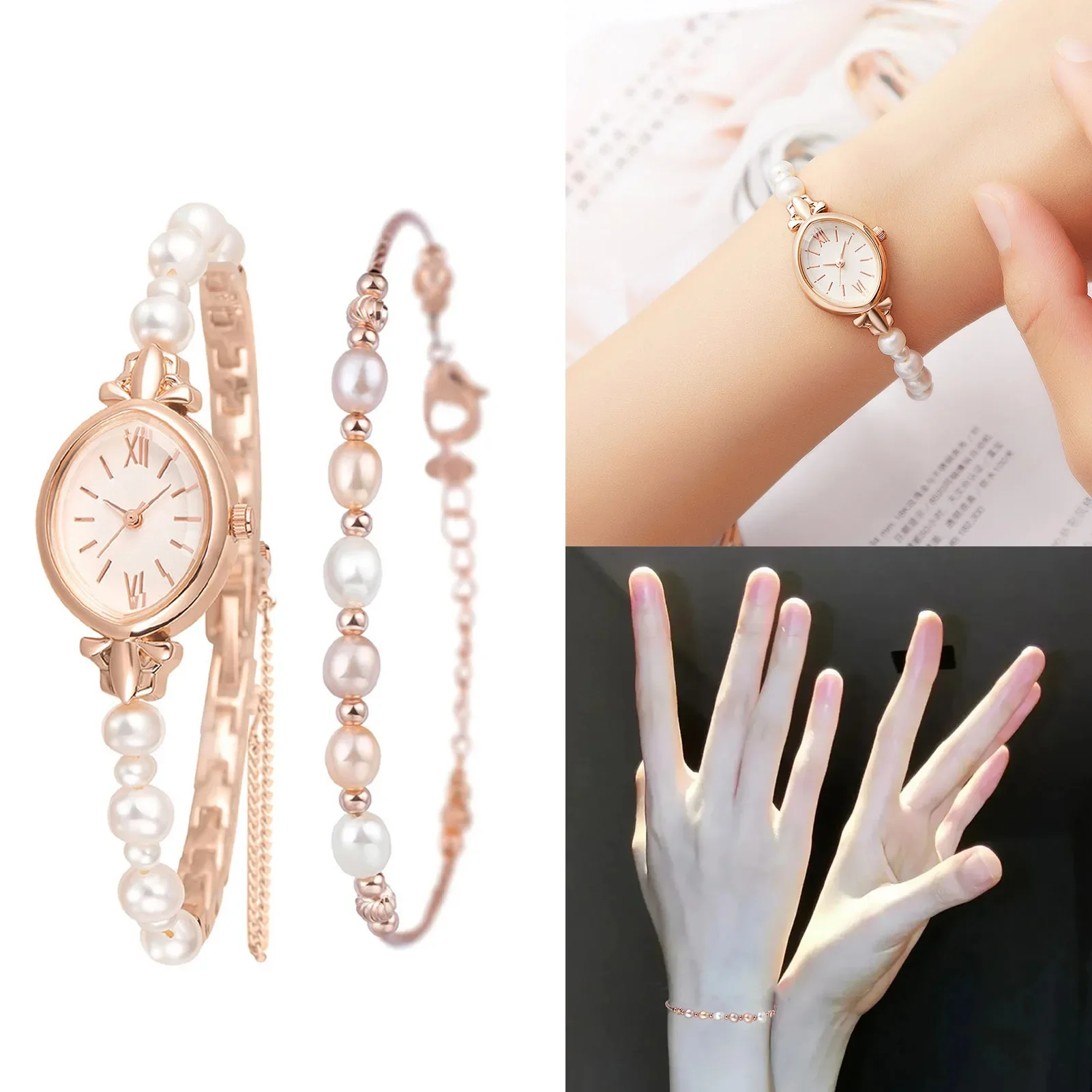 

Casual Pointer Quartz Watch Sweet and Elegant Waterproof Wrist Watch & 1pc Natural Freshwater Pearls Bracelet Gift for Women Her