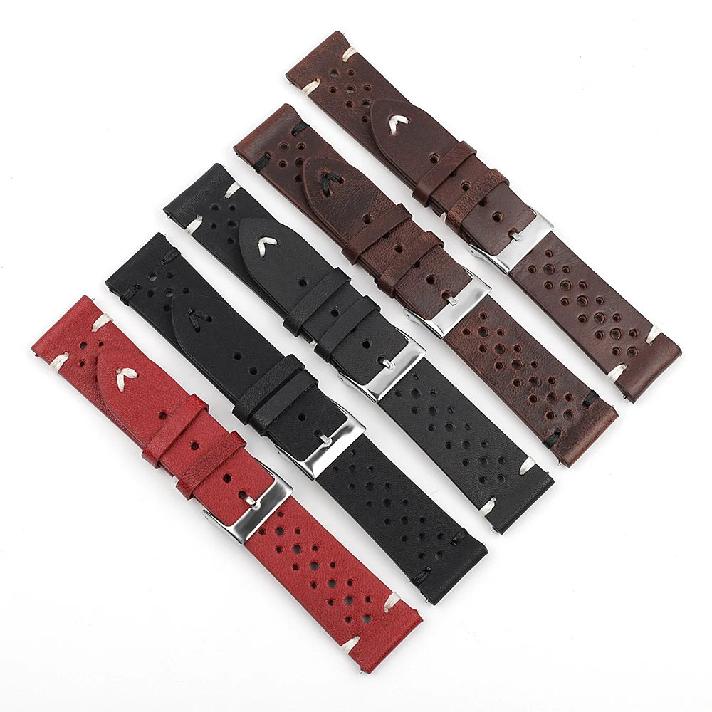 Porous Leather Watch Band 19mm 20mm 22mm 24mm Breathable Watch Strap Handmade Stitching Quick Release Watchbands Black Brown Red
