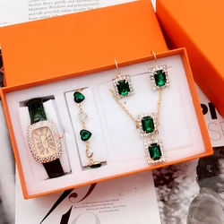 5 adet lüks moda saatler kadınlar nitelikleri elmas Quartz saat bayanlar deri kol zarif Montre Femme takı seti + kutu