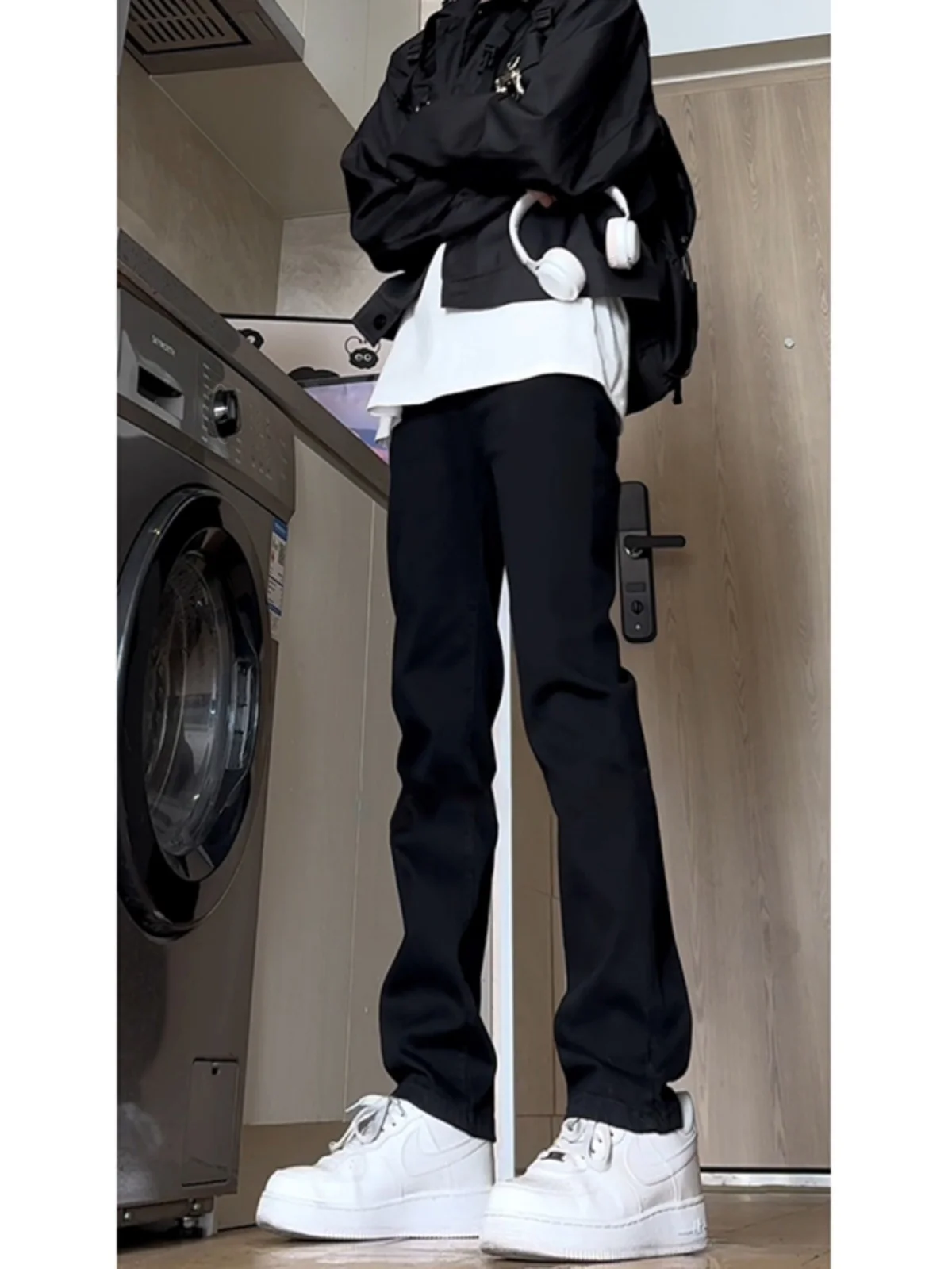 

American High Street Vibe Men's Fce Lined High Waist Bla Jeans Youth Trendy CleanFit Loose Straight Leg Spring Autumn