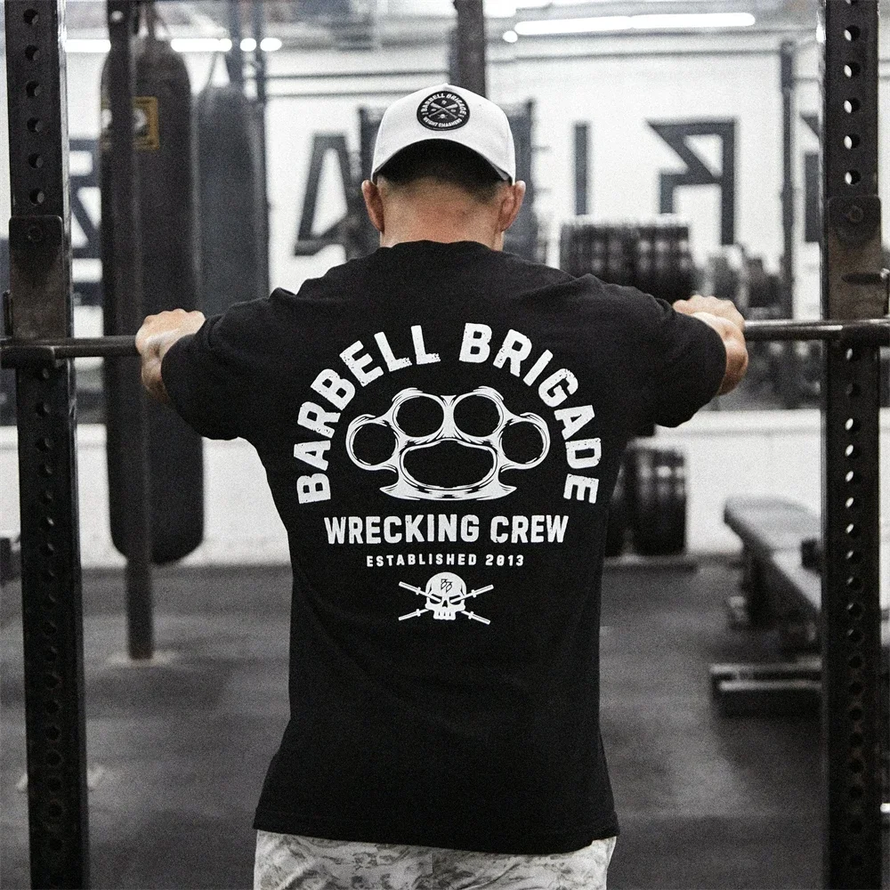 Barbell CREW Black Tee Brand Gym Clothing Fitness T Shirt Men Running T-shirt Thick 100% Cotton Bodybuilding Muscle Tops