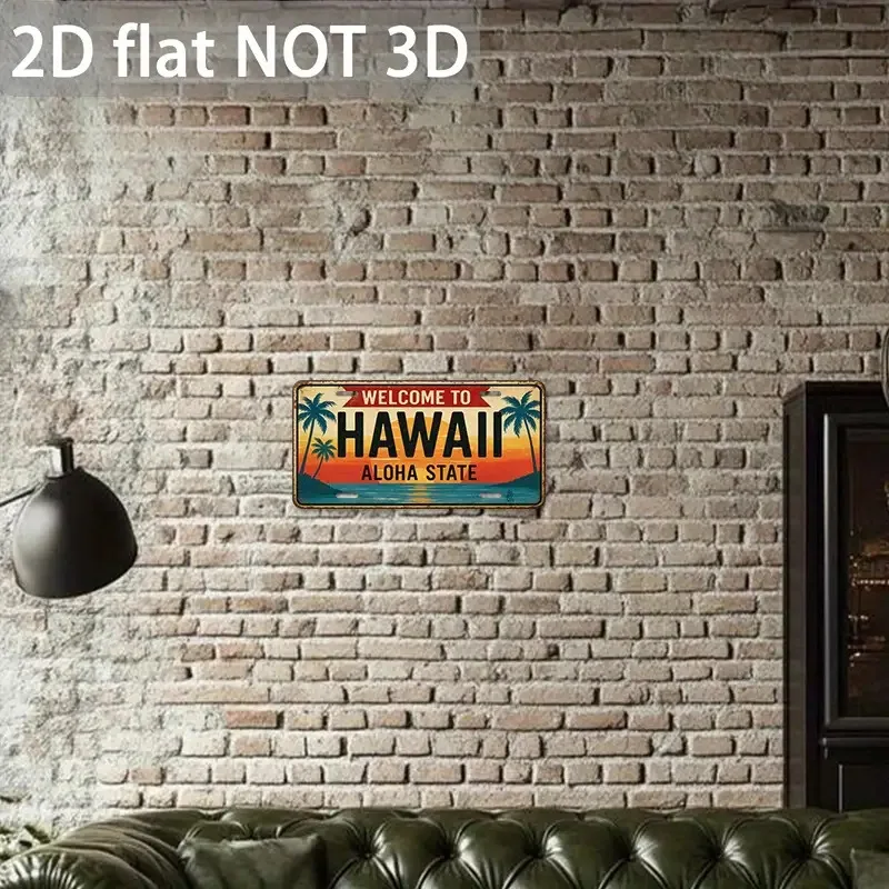 2D Flat, 1pc Vintage Hawaiian Aloha State License Plate Sign - Tropical Hawaii Wall Decor with Palm Trees Sunset