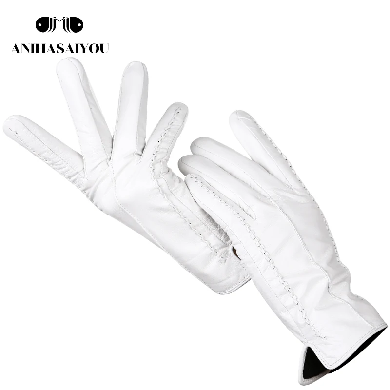 Fashion white leather gloves women Genuine Leather White gloves sheepskin Short comfortable Women's gloves warm lining-2226D