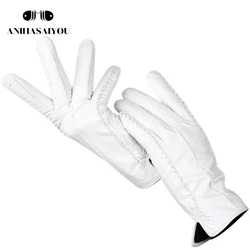 Guantes de cuero blanco a la moda para mujer, guantes blancos de cuero genuino, guantes cortos y cómodos de piel de oveja para mujer, forro cálido-2226D