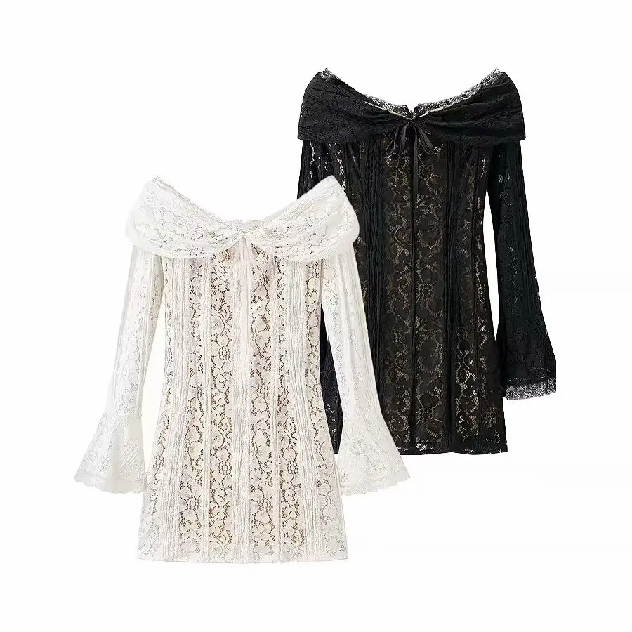 

ZBZA Women's Lace-up Mini Dress Slim Fit Hollow One Shoulder Bell Sleeves Solid High Waist Back Zip Dress Summer New Chic Dress