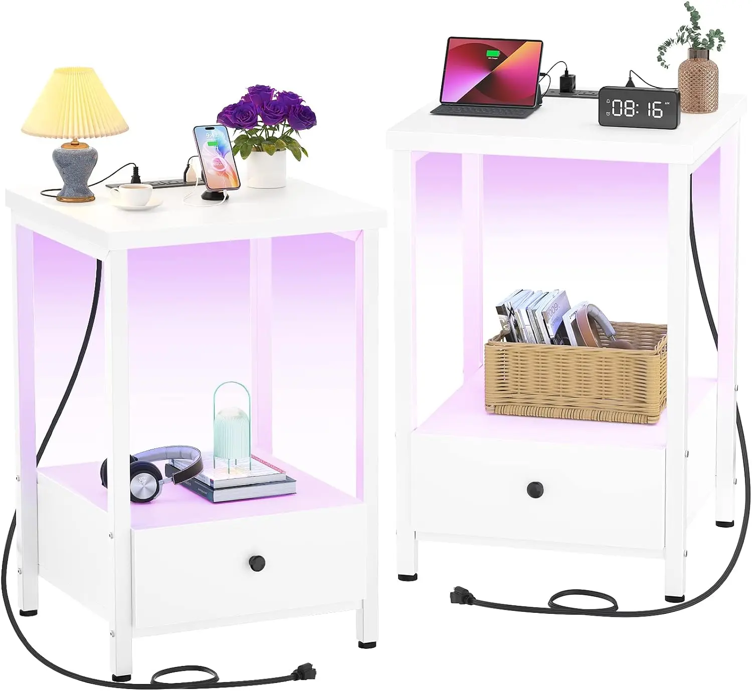 

Nightstands Set of 2 with Charging Station and LED Lights - Modern Night Stand Bedside Table with Storage Drawer, End S