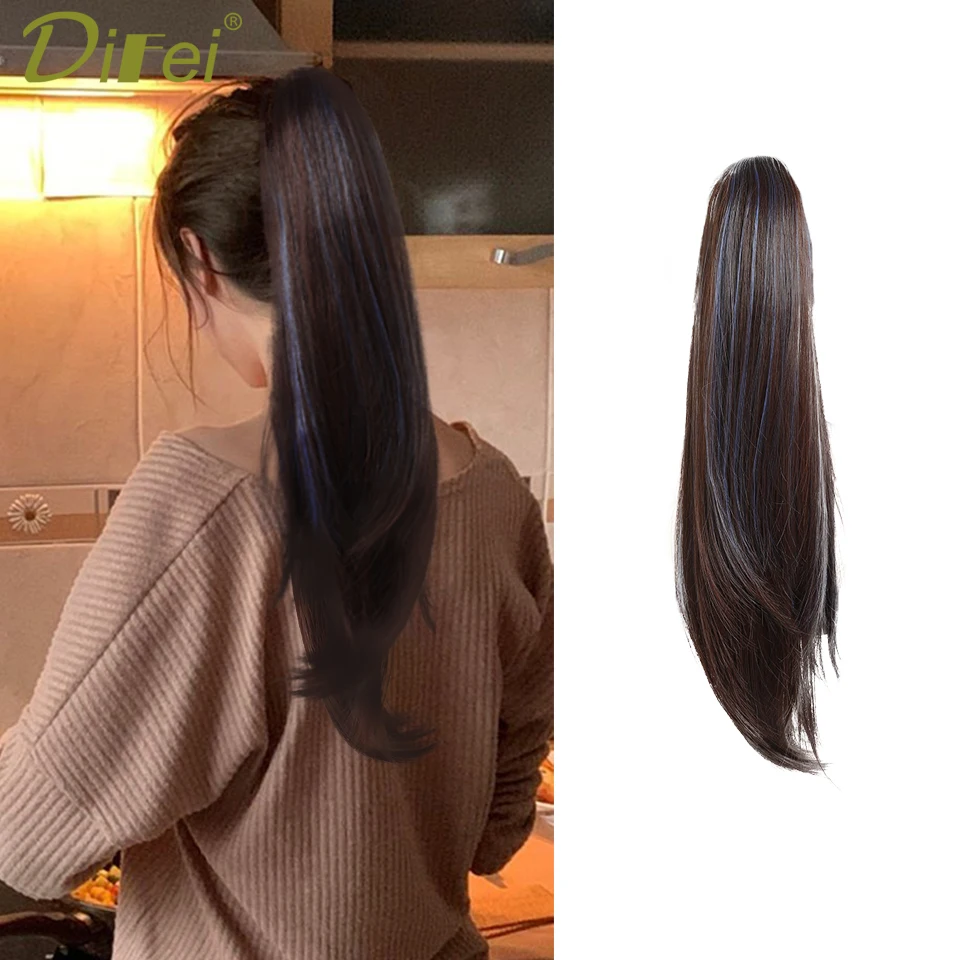 DIFEI Grab Clip Ponytail Female Synthetic Wig Highlights Blue Micro-volume Small Grab Clip Fashion Highlights Ponytail