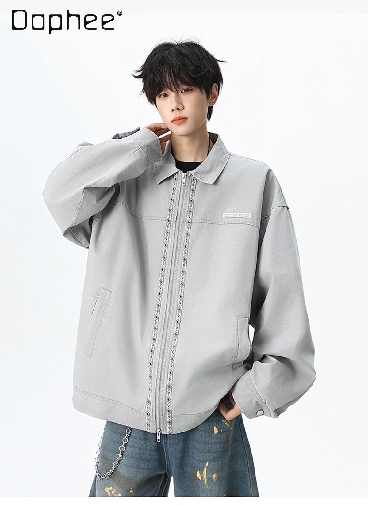 

Весенне-осенняя новая мужская дизайнерская лоскутная куртка с отложным воротником, серая куртка цвета хаки, винтажное свободное повседневное зеленое пальто в американском стиле