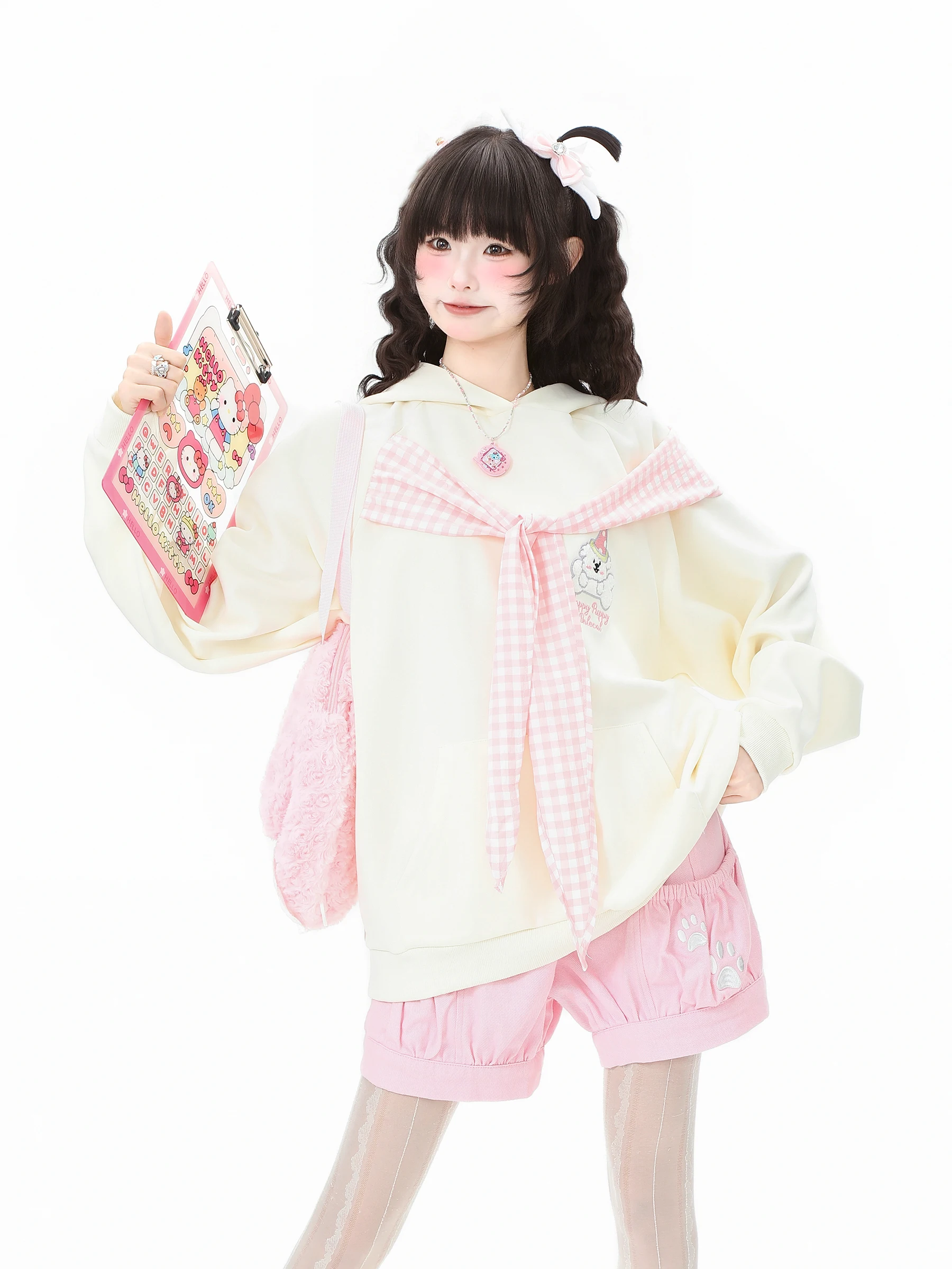 2025 Spring and Autumn New Sweet Blue Bow Tie Hooded Sweatshirt  Apricot Bear Embroidery Top Blue Short Skirt and Pink Shorts