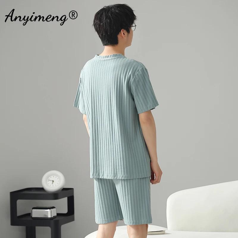 New Summer Men Faux Cotton Pajamas Short Sleeves Shorts Nightwear Plus Size L-3XL Homewear for Young Man Pullover Pijamas