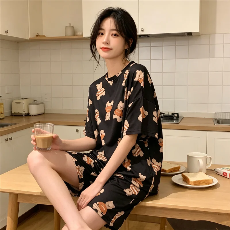 Women Summer Spring Two Pieces Sets Pajamas Short Sleeve O-Neck Top Shorts Pants Homewear Loose Cartoon Bear Printing Thin Soft