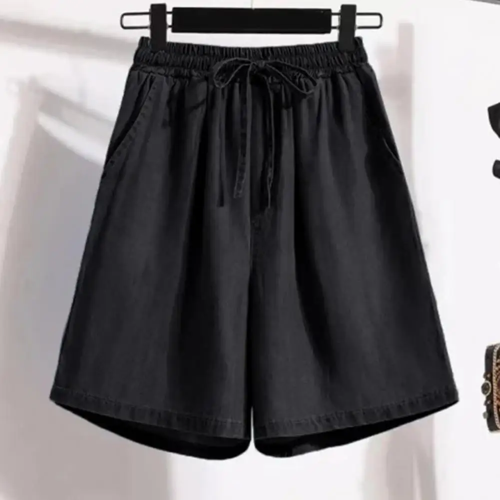 Women Summer Wide Leg Shorts High Waist Elastic Waistband Drawstring Pockets Solid Color Knee-Length Trousers Wide Leg Pants