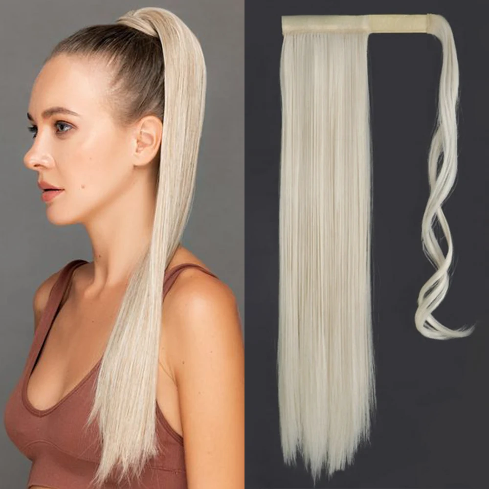 

Synthetic Long Straight Ponytail Hair Extensions Wrap Around Clip In Pony Hairpiece Blonde Heat Resistant Horsetail For Women