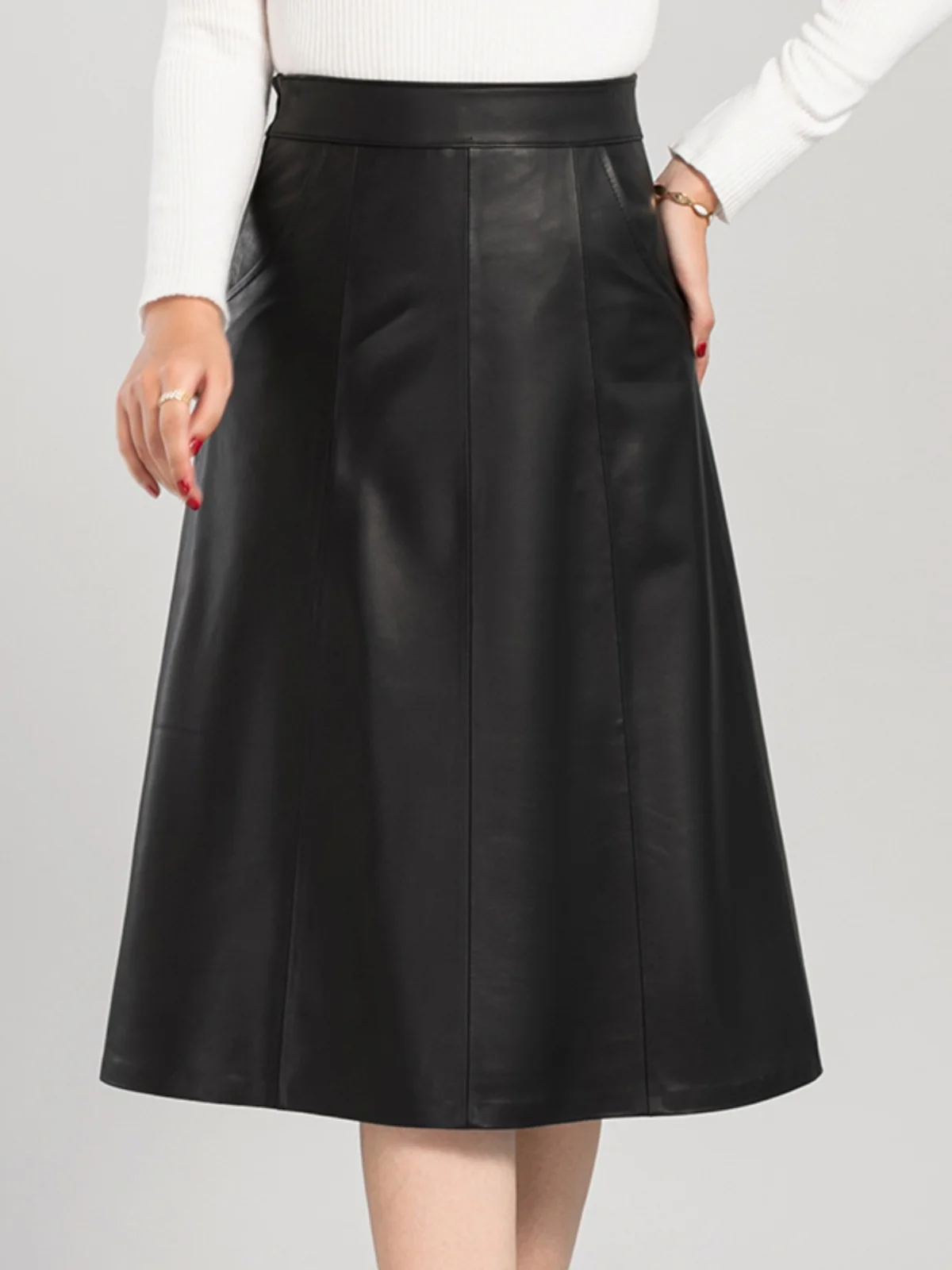 

High Waist Leather Skirt Women's A-Line Midi Skirt over Knee Large Size Autumn Winter eepskin Commute Simple Sle