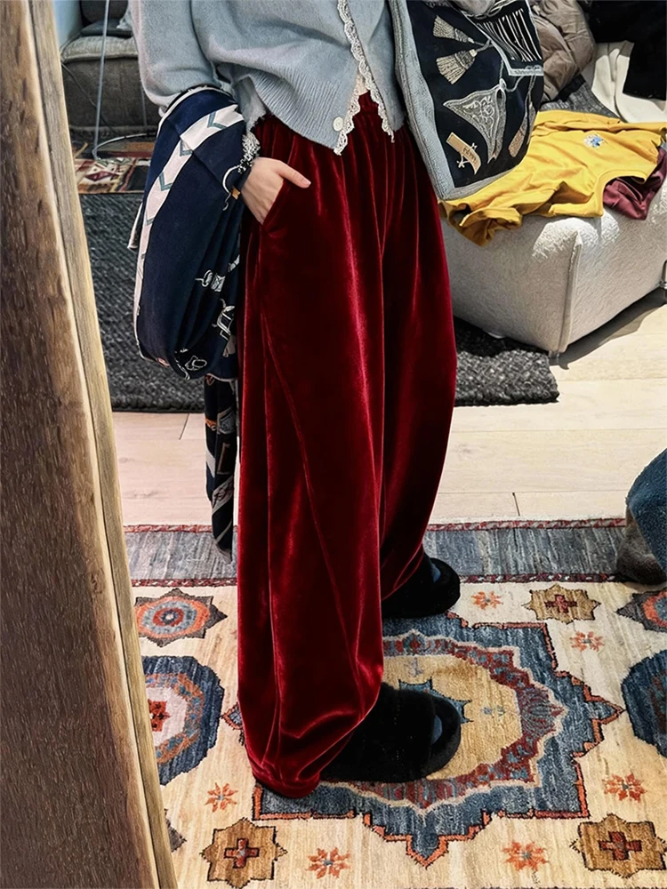 

High Waist Velvet Sport Pants Straight Leg Wide Leg Pants Wine Red Color Trendy Slimming Pants Casual Comfortable Women's Tro...