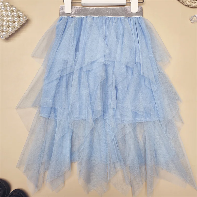 Girls Tutu Princess Skirts Children Blue Birthday Party Performance Skirts Irregular Layered Dance Skirt Children Daily Skirt