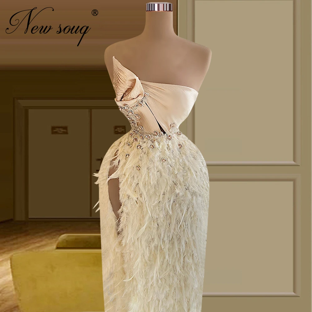 Elegante um ombro vestidos de noite robes de soiree longas penas celebridade vestidos de festa feito sob encomenda contas dubai fenda vestido de baile