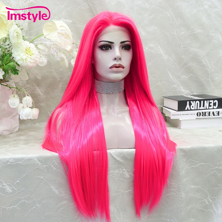 Imstyle-Perruque Lace Front Synthétique Rose Chaud pour Femme, Perruque Longue Droite Bleue, Perruques Cosplay, ix, Ligne de Cheveux Naturelle, Perruque Rose Néon