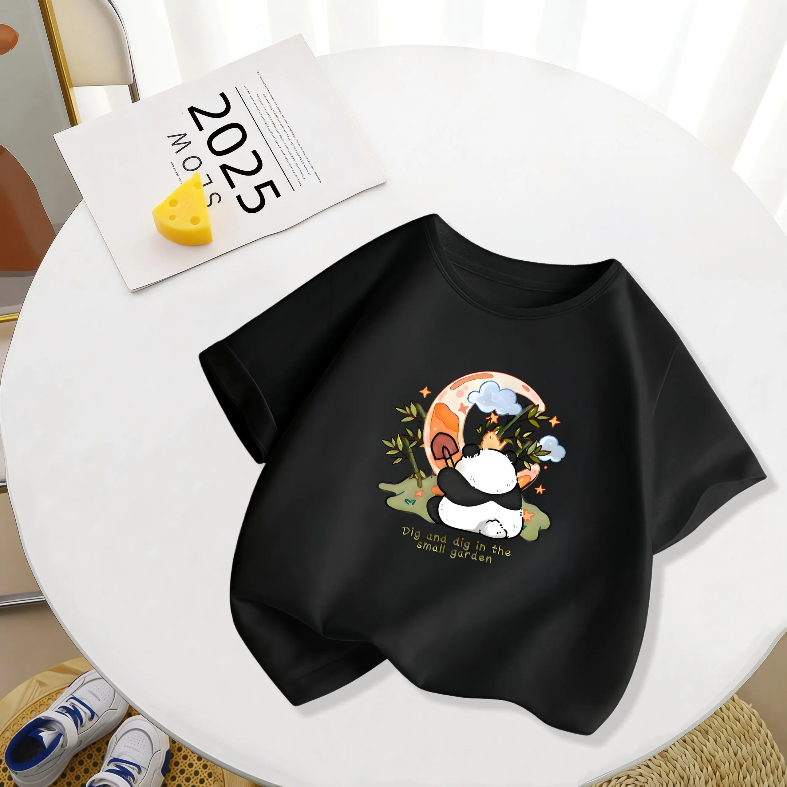 2026 New Cartoon Panda Short Sleeved Children's Stylish Summer Breathable T-shirt for Boys and Girls, Top for Parent-child Wear