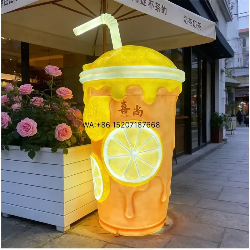 Wmwmnu for Light Lemon Fiberglass Milk Tea Cup Sculpture Oversized Outdoor Landmark for Bubble Tea Shops Attracting Foot