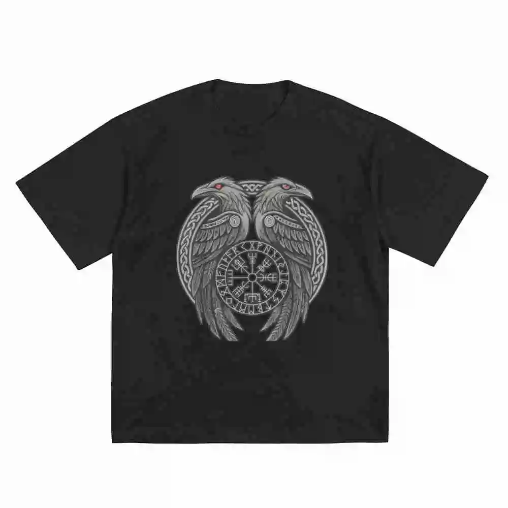 Norse Viking Huginn Muninn Raven Vegvisir Shield Short Sleeve Tee 100% Cotton T-Shirt
