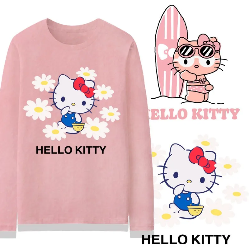 HelloKitty เสื้อยืดผ้าฝ้ายแบรนด์ร่วมสำหรับผู้หญิงแขนยาวเฮลโลคิตตี้หลวมเสื้อผ้าหวานๆสำหรับเด็กผู้หญิงเสื้อยืด