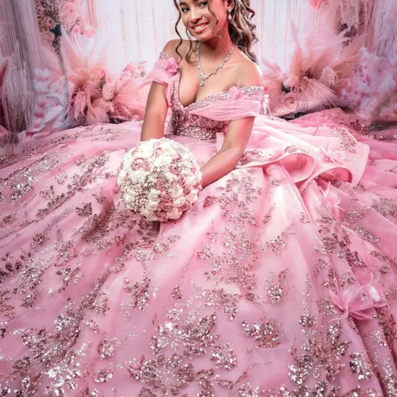 

Shiny Pink Off Shoulder Quinceanera Dress Tull crystal glitter applique 3D flower layering vestidos de 15 Quinceanera Customized