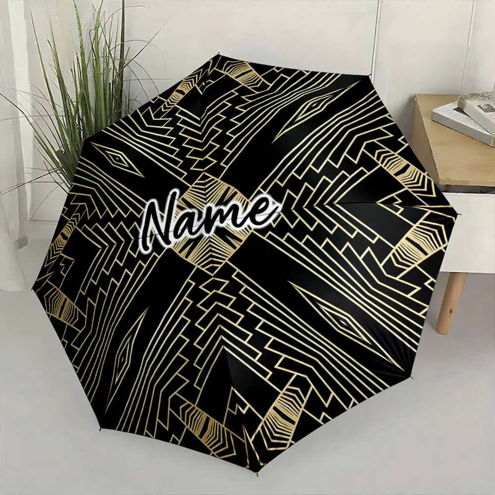 Custom Name Elegant Gold Geometric Design Umbrella for Stylish Use 8 Iron Ribs Folding Umbrella Auto-Open Fashion Sunshade