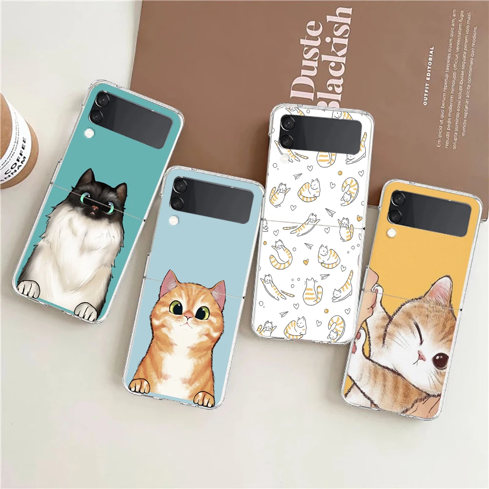 Cat Cute Kitten Cartoon For Samsung Galaxy Z Flip 3 4 5 Hard Folding Clear PC Phone Case For Samsung Z Flip3 Back Cover Bumper