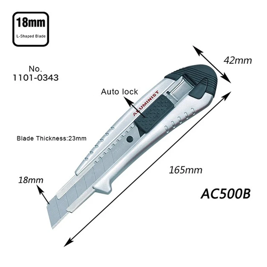 TAJIMA AC500B Aluminum Alloy Utility Knife with 2Pcs Replaceable L-type Blades Automatic Lock Retractable Wallpaper Knife