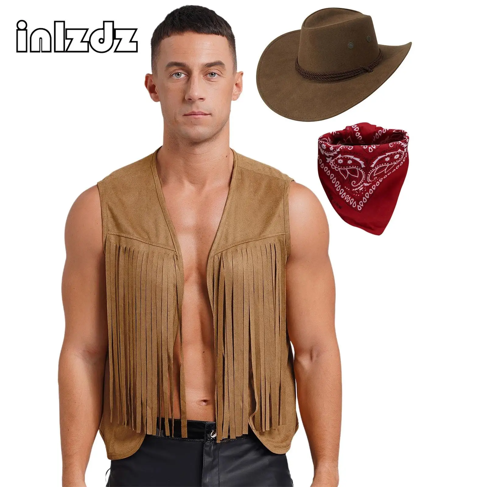 

Mens Vintage Hip Vest Suede Fringed Jacket Sleeveless Waistcoat with Tassels Rivets Front Open Cowboy Costume Carnival Halloween