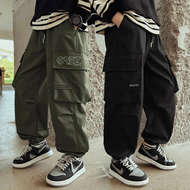 

Spring Autumn Children Cotton Cargo Pants for Boys 5 To 14 Years Kids Casual Pocket Trousers Army Green Black Color Trackpants