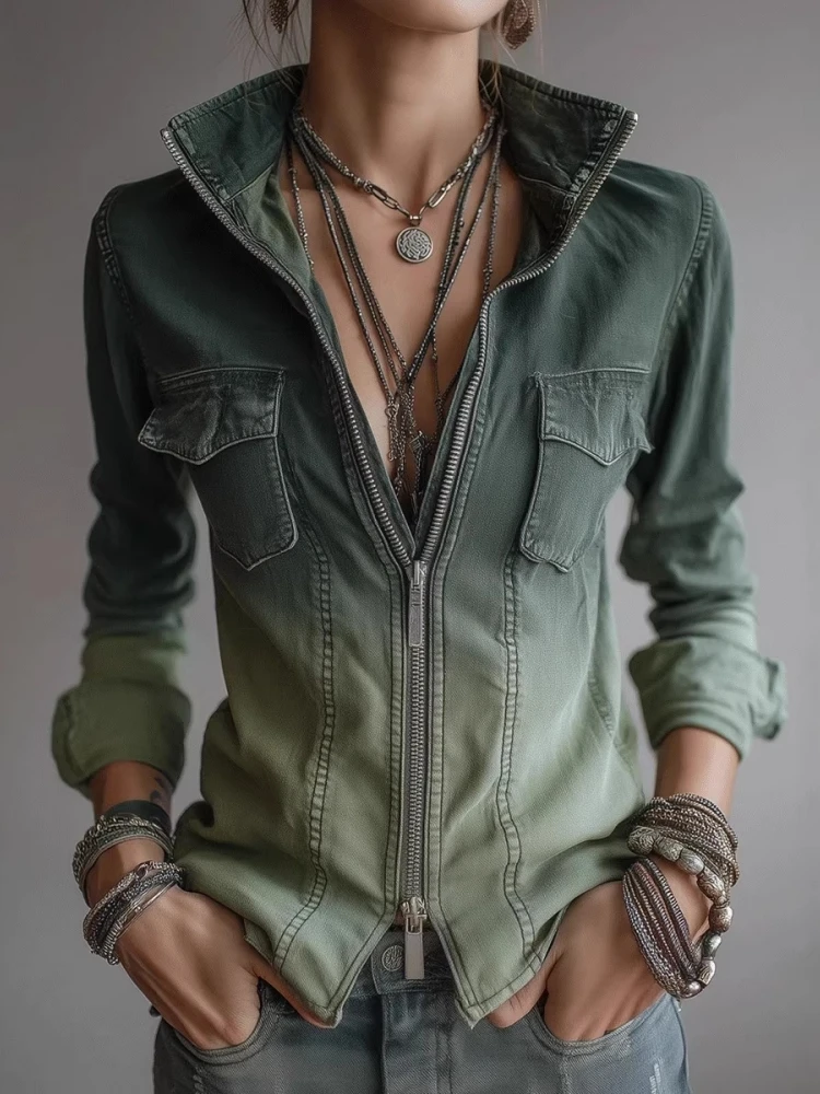 

Повседневная джинсовая блузка на молнии для женщин, модная приталенная однотонная градиентная рубашка в винтажном стиле с длинным рукавом и отложным воротником, ранневесенняя модель