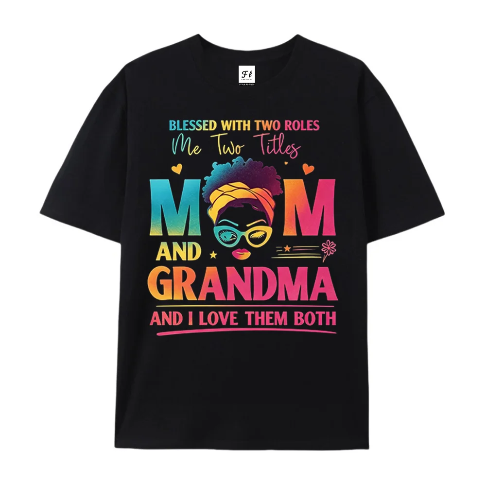 Mom and Grandma Graphic T Shirt for Women Blessed With Two Roles Vintage Letter Print Casual Short Sleeve Family Gift Tee