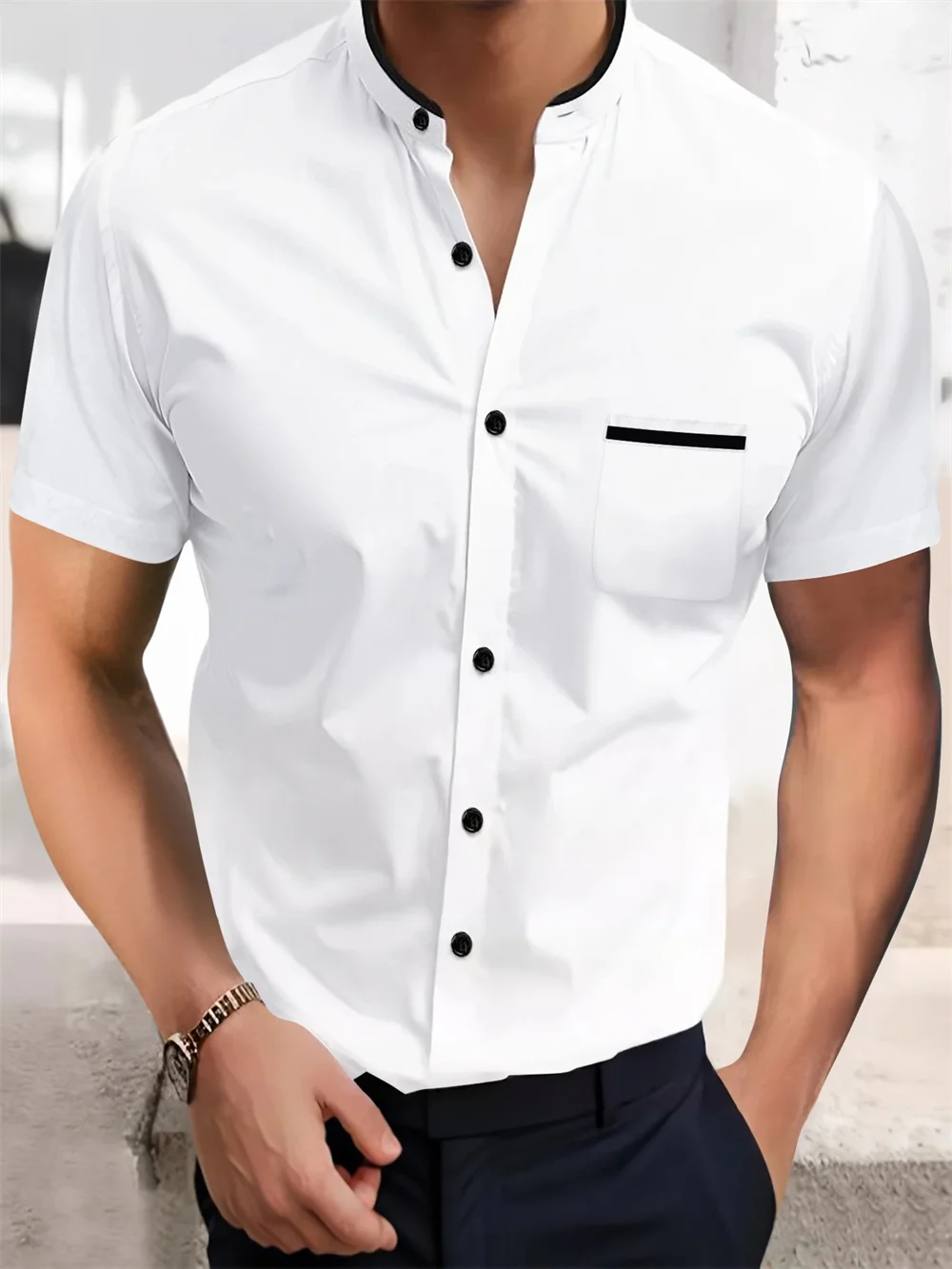 Men's Solid Color Patchwork Printed Shirt for Summer Hawaii Fashion, Comfortable and Soft Men's Stand Up Collar Button Up Top
