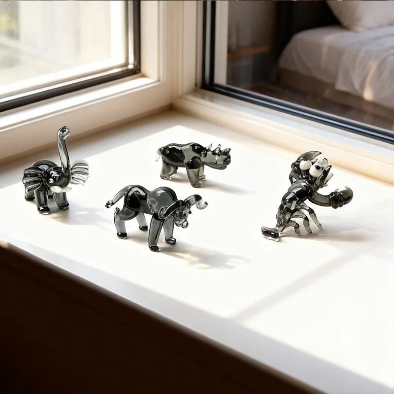 Handcrafted Transparent Black Animal Figurine Collection Glass Bull Zodiac Lobster Art Piece Colored Glaze Elephant Desk Decor