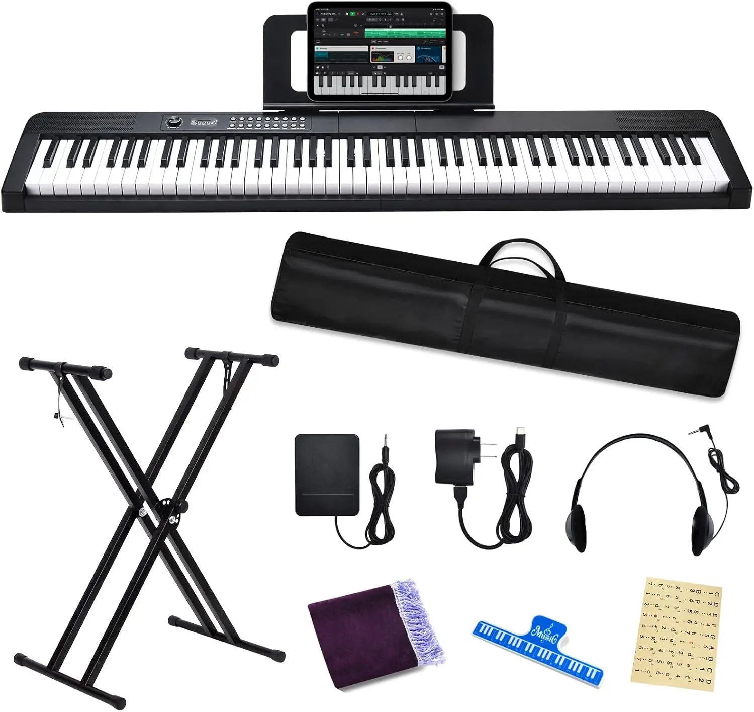 88-Key Digital Piano Keyboard with Semi-Weighted Keys, Electric Piano Includes Sustain Pedal, Power Adapter, Stand, Carrying Case, Headphones, USB-MIDI Connectivity, for Adult Beginners