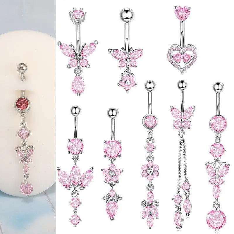 Trendy Long Pendant Belly Piercing 1Pcs Pink Heart Butterfly Style Stainless Steel Hypoallergenic for Women Date Night Gift Wear