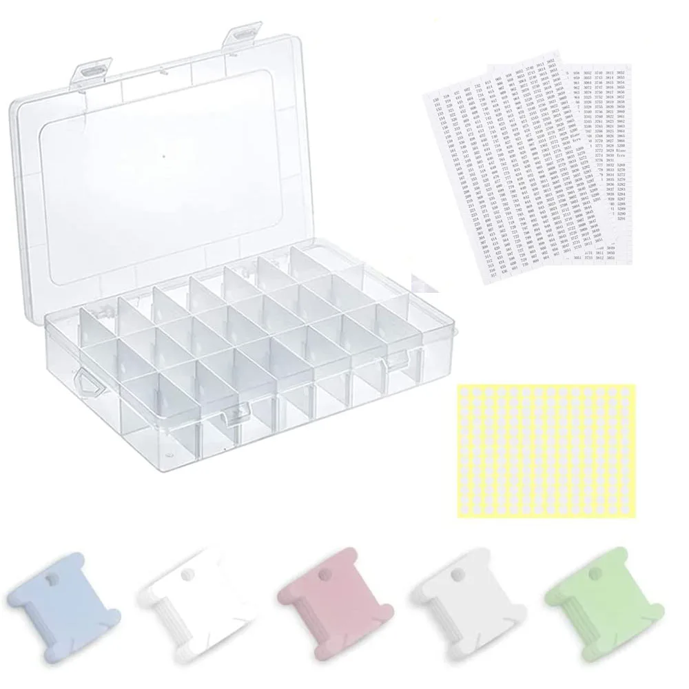 

50PCS Plastic Floss Bobbins Set with Organizer Storage Box & 3 Sheet Floss Number Stickers for Embroidery Cross Stitch Storage