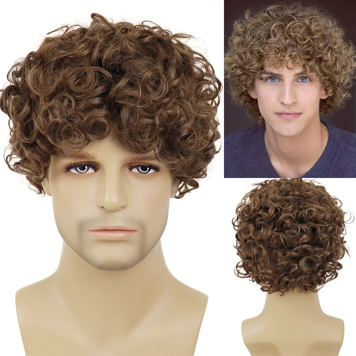 GNIMEGIL Curly Wigs for Men Synthetic Hair Natural Wigs Brown Color Fluffy Haircuts Thick Bob Wig Short Hair Afro Wig Bangs Male