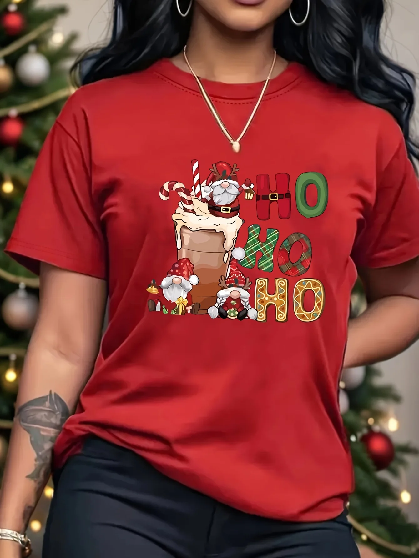 Women'S Festive Christmas Tee Ho Ho Ho Santa Print Polyester Knit Fabric Short Sleeve Crew Neck Casual Top Aesthetic Clothe