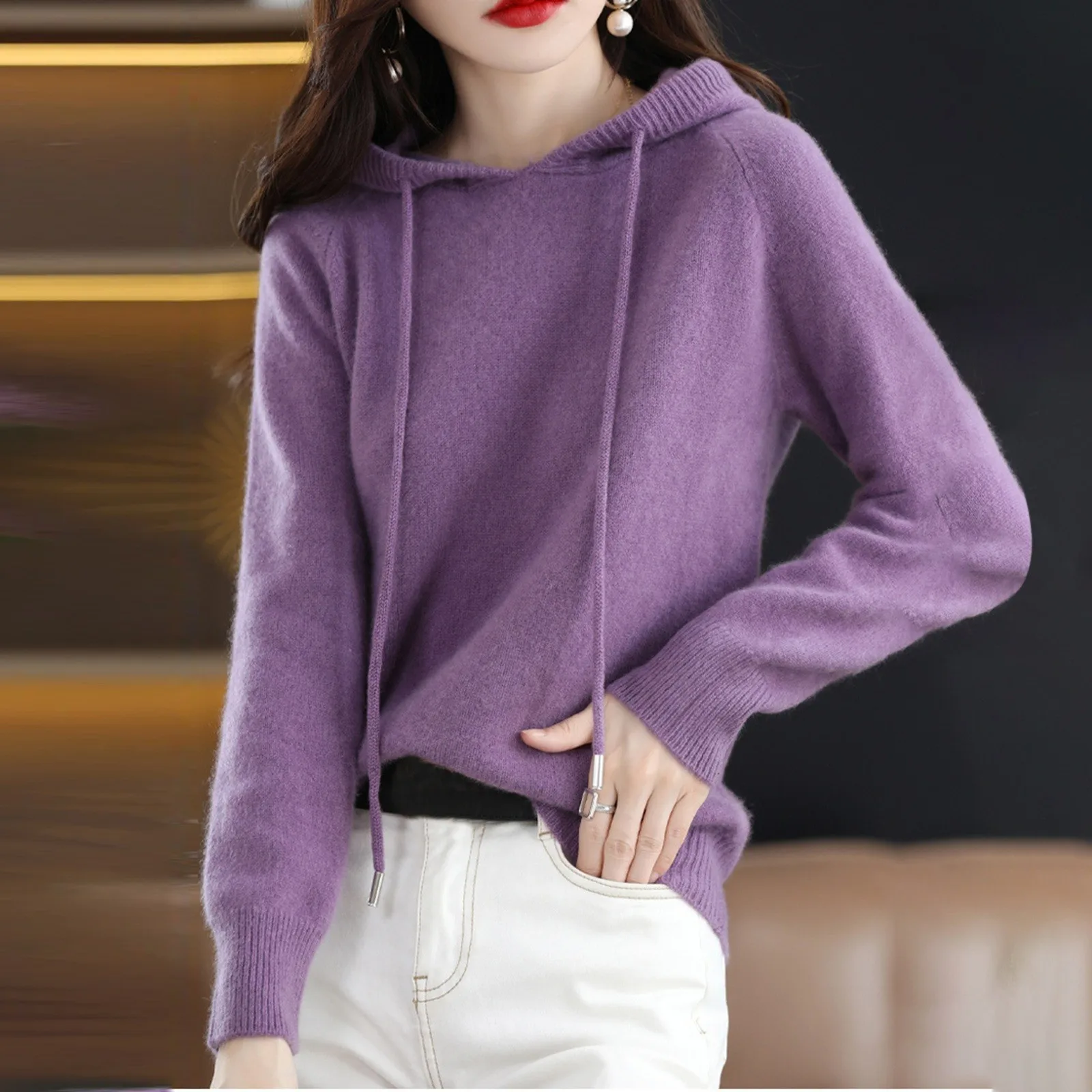 

Women Pullover Sweater Hooded Jumper Korean Loose Solid Long Sleeve Casual Autumn Winter Thick Warm Knitted Sweaters