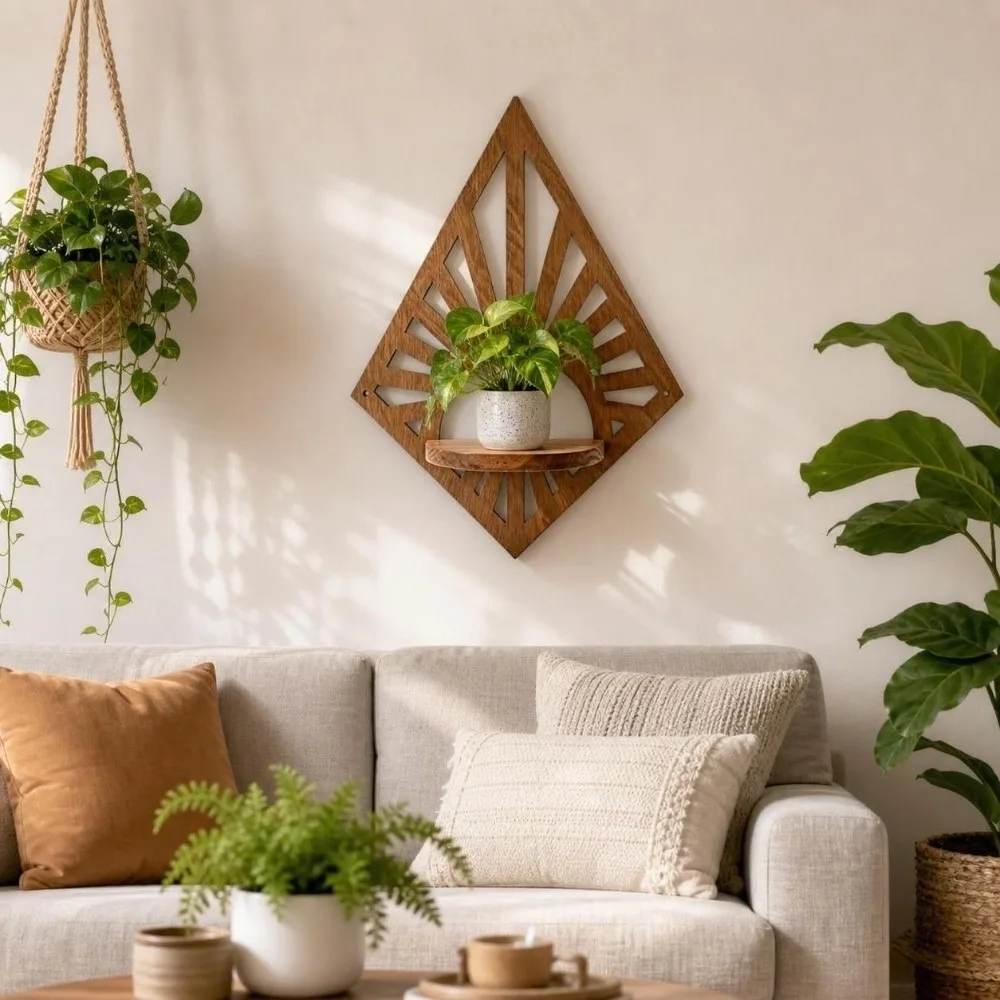Rhombus Shaped Wall Mounted Wooden Shelf Hanging Floating Hollow Out Wall Storage Rack Geometric Rustic Style Wall Display Stand