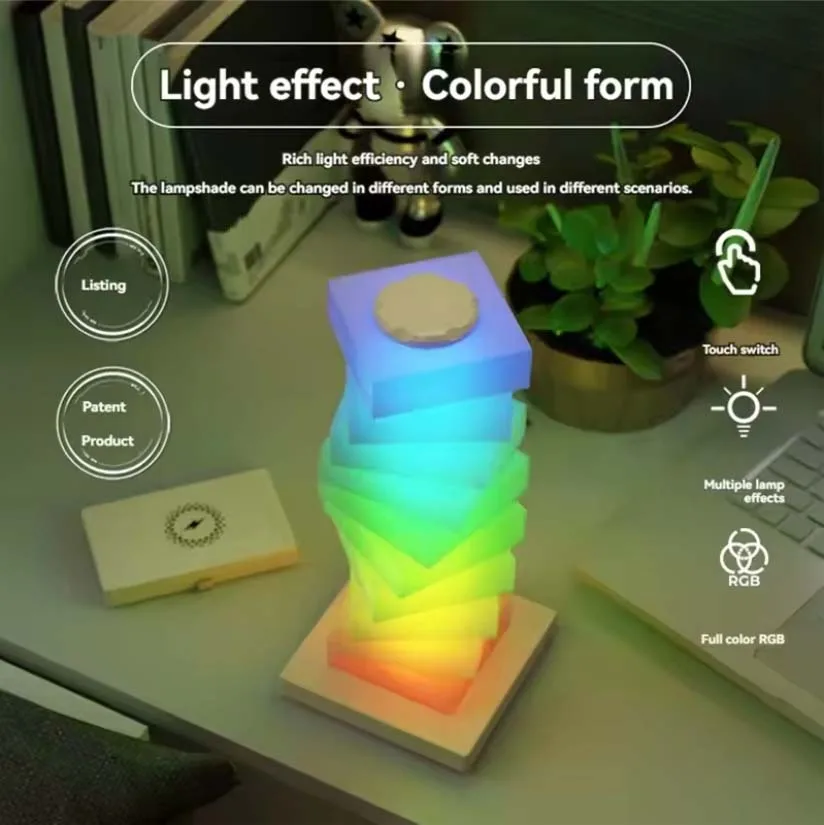 الإضاءة المحيطة الملونة DIY الإبداعية - مصباح الليل هدية الأعمال الذكية مع مصباح مكتبي شحن لاسلكي سريع الهاتف بقدرة 15 وات