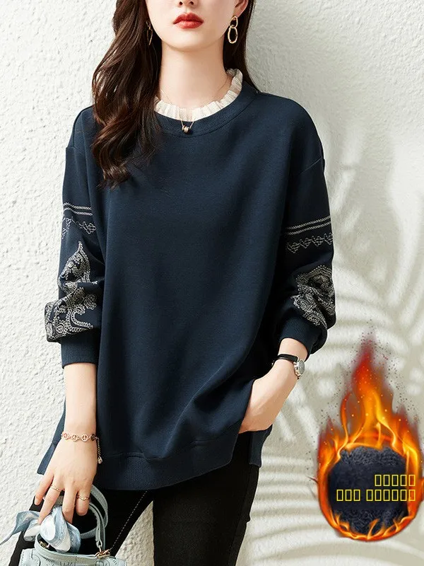 Dames losse pasvorm geborduurd fce gevoerd verdikt groot formaat sweatshirt casual sle hoge taille pure kleur herfst winter n...